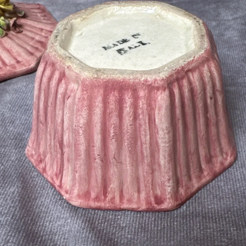 VINTAGE Capodimonte Cupcake Trinket Box Ring Dish Italy Pink Floral topper VGUC!